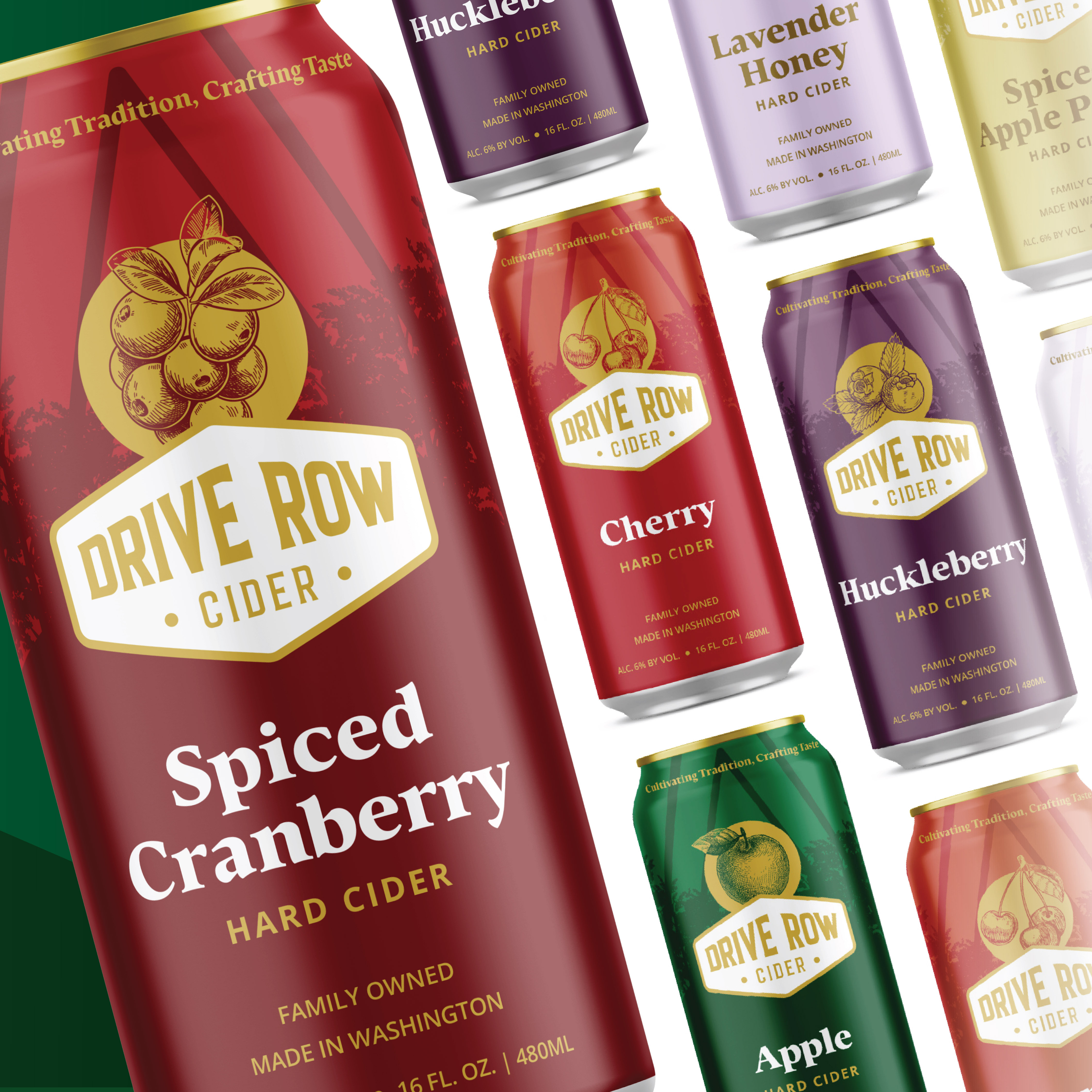 Drive Row Cider cans in multiple flavors